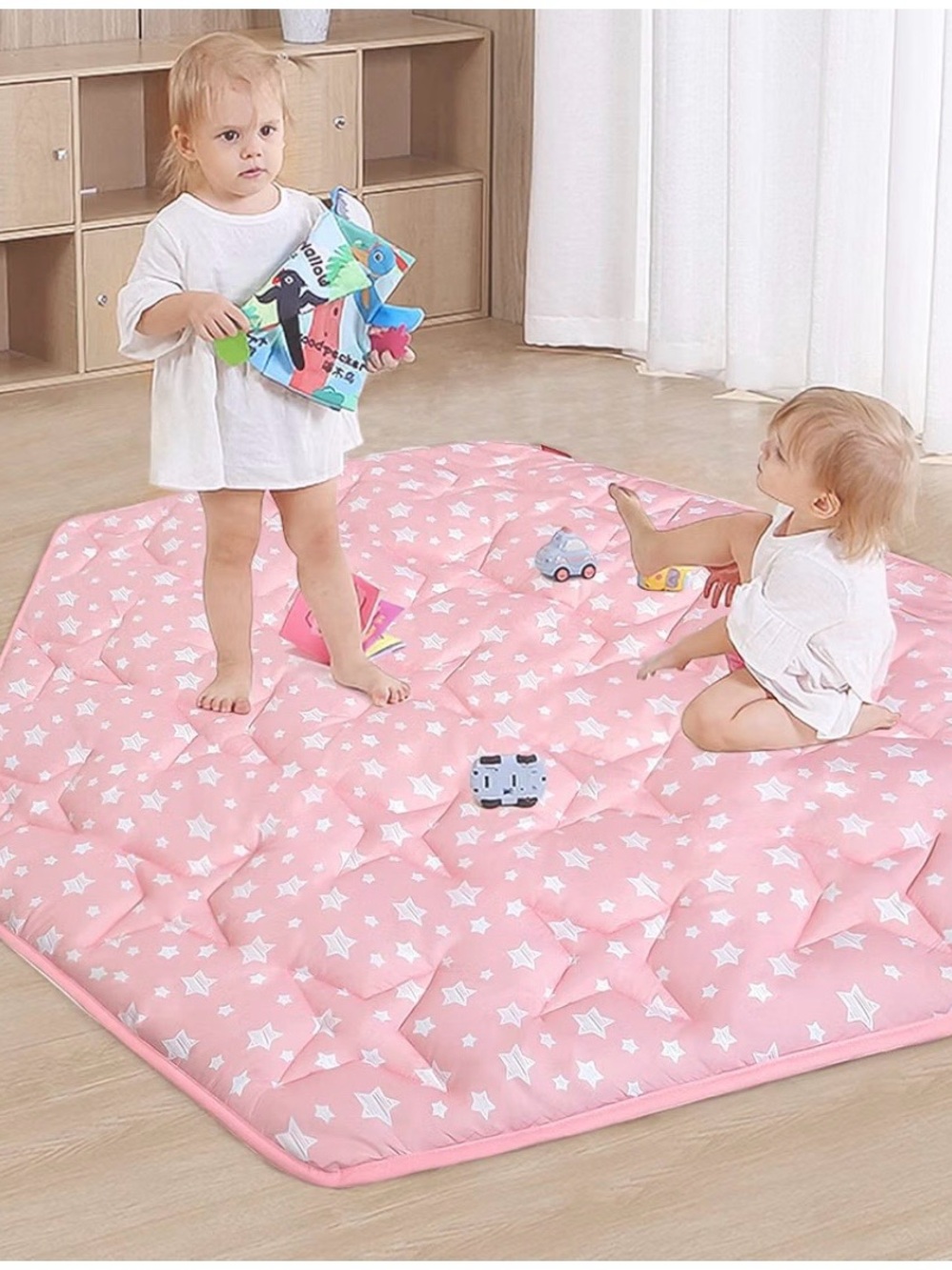 Pink Star Play Mat for Kids - Quilted Floor Activity Mat